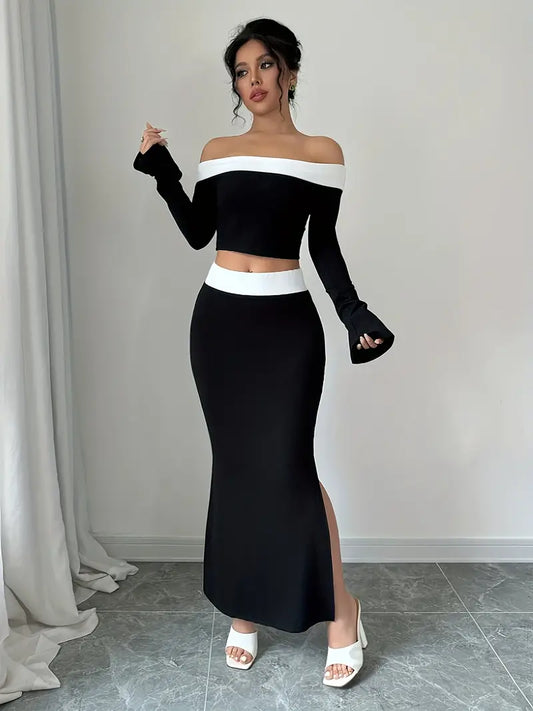 Conjunto Elegante de Top Corto con Hombros Descubiertos