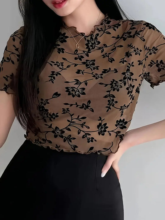 blusa de mujer estampada con malla transparente